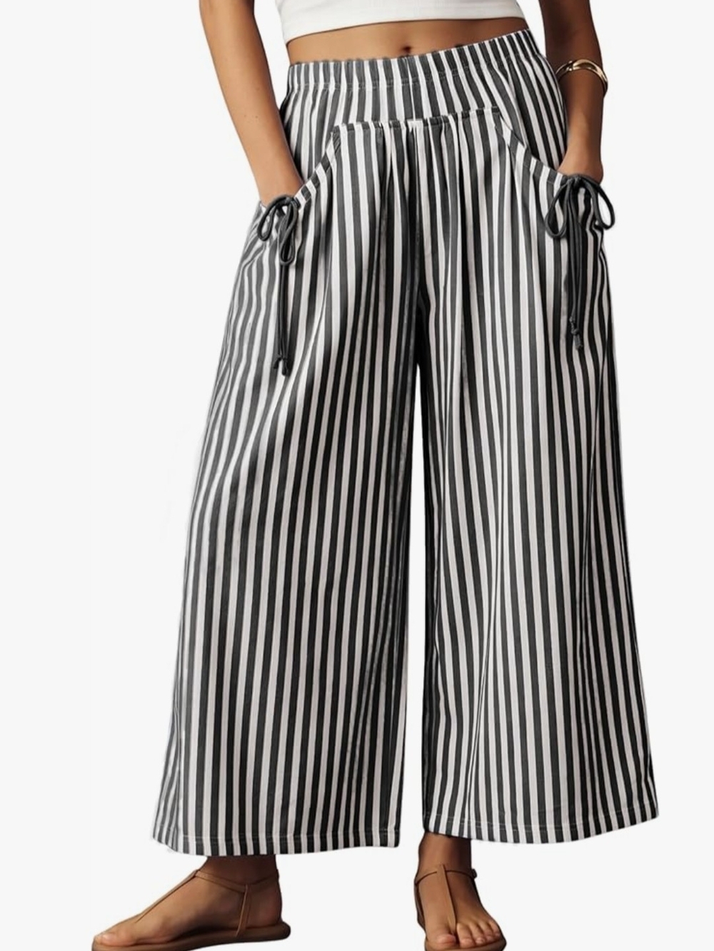 Women's Black & White Vertical Stripe Wide-Leg Pants